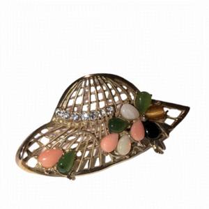 VTG Sunhat Brooch Opal Coral Jade Tigers Eye Onyx Gemstones & Rhinestones 2”